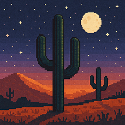Pixel cactus under the moon sky pixel cactus moon