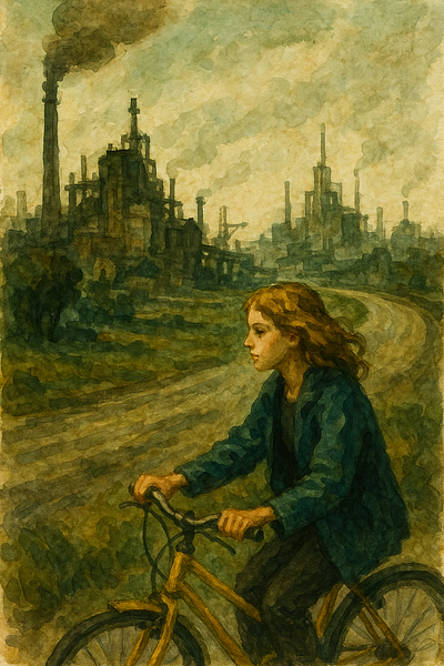 A woman on a bicycle in an industrial city bike illustration industrial women womenonbike