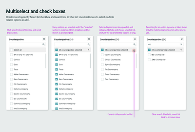 Multiselect entities and list filtering app desktop fintech