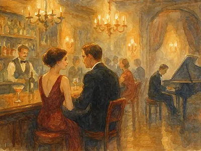 Dinner in a jazz bar bar illustration jazz man manandwomen women