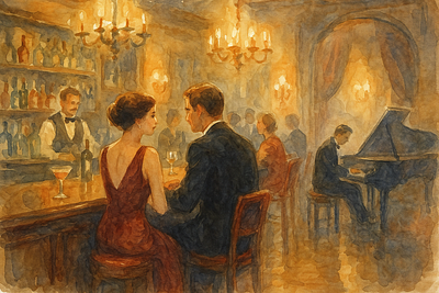 Dinner in a jazz bar bar illustration jazz man manandwomen women