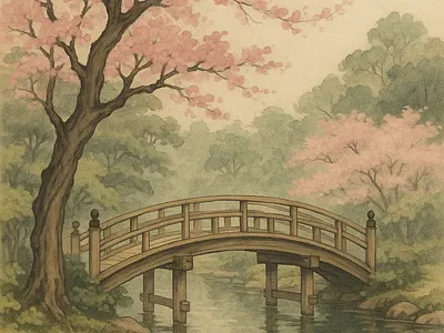 Japanese garden in spring with a bridge garden illustration japan motion graphics