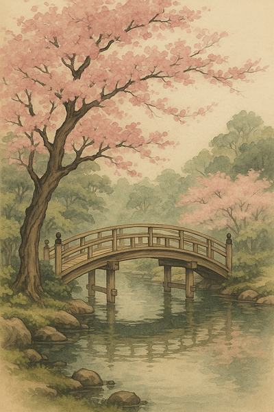 Japanese garden in spring with a bridge garden illustration japan motion graphics