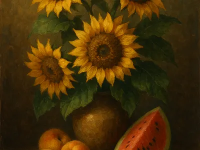 Bouquet of sunflowers and summer fruits buket flower fruit illustration sunflower vasse