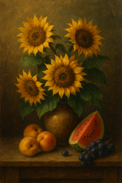 Bouquet of sunflowers and summer fruits buket flower fruit illustration sunflower vasse