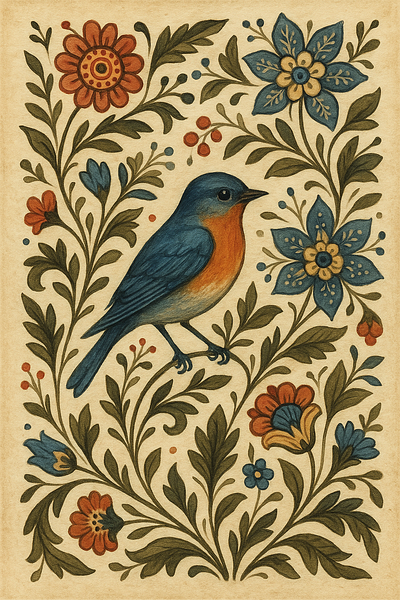 A blue bird among floral patterns bird floral flower illustration