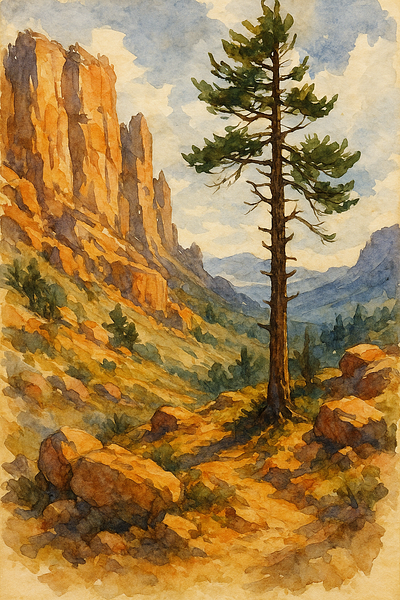 Rock and pine in the morning light mountain scale three