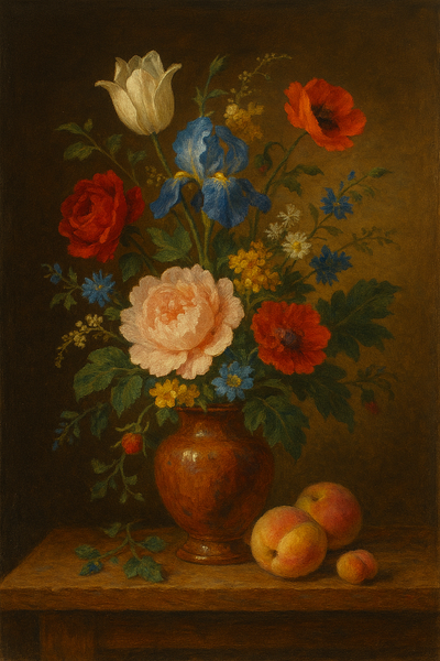 Rich still life with flowers and peaches buket flower illustration photo richflower