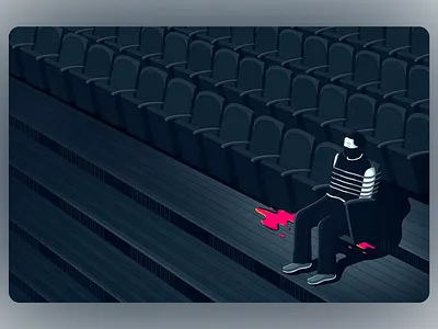 Empty Theater Illustration art audience rows cinematic scene conceptual art digital painting eerie atmosphere empty theater human condition illustration isolation art lonely figure mental health pandemic impact quiet space seated person social distance solitude illustration surrealism elements theatrical setting