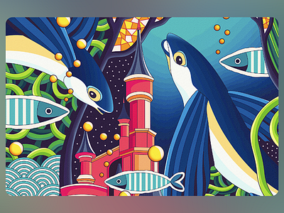 Underwater Castle Fish Illustration art artistic sea artwork cartoon fish deep sea digital painting dreamy scene enchanted realm fantasy world fish illustration illustration kids design mythical ocean ocean castle pop culture stylized fish submarine landscape underwater fantasy vibrant aquatic whimsical art