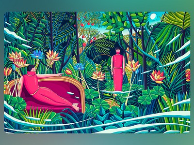 Lush Jungle Figures Serene Illustration artistic flora artwork botanical art detailed art digital painting dreamy environment exotic flowers fantasy landscape human nature illustration jungle illustration lush foliage mystical garden nature retreat peaceful setting pink figures serene scene tropical forest vibrant green