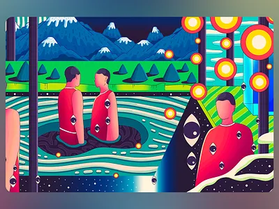 Cosmic Figures Landscape Illustration abstract figures colorful fantasy cosmic art digital painting dreamlike scene existential art inner world mindscape mountain scenery mystic eyes otherworldly scene pop art psychedelic art spiritual journey surreal landscape symbolic illustration unique vision water vortex