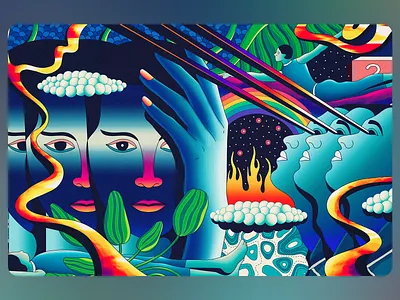 Psychedelic Dreamscape Cosmic Minds abstract human art artistic consciousness cosmic dream cosmic minds creative expression digital painting dreamlike scene fantasy landscape inner world mind expansion mystical realm optical illusion psychedelic art spiritual journey surreal faces symbolic imagery trippy illustration