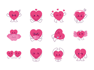 Heart Coollection cartoon cute emotions heart icons illustration kawaii lineal love pink vector
