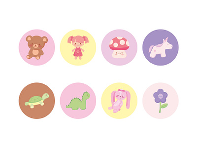 Kids Toys Cute Icons bear colorful cute icons kawaii kids mushroom toys turttle unicorn vector