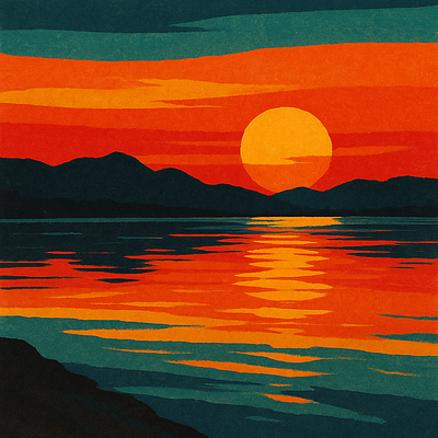 Sunset over the lake and mountains graphic illsutration mountains sunset thesuntset