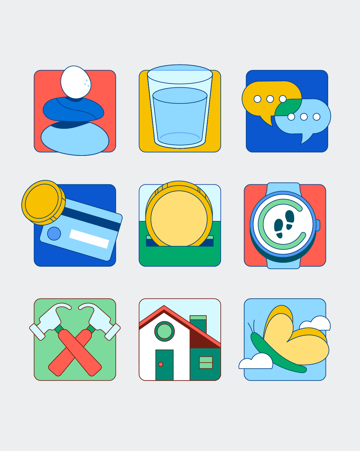 Google Play - New Year New You Icons communication google googledesign googleillustration googleplay icons meditation money spotillustration watch