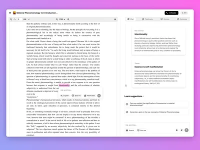 AI Reader for the deep-diving Erudite (Day mode) ai app artificial intelligence chatgpt desktop edu flashcard gpt openai product design quizz reader scholar tutor ui ux web
