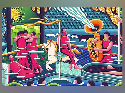 Surreal Poolside Carnival Parade Illustration abstract joy artistic fantasy carousel horse character design dream pool emotional surrealism expressive art fantasy scene festive energy imagination unleashed immersive world modern mythology musical illustration playful vision pool party story artwork surreal carnival surreal figures vibrant colors visual parade