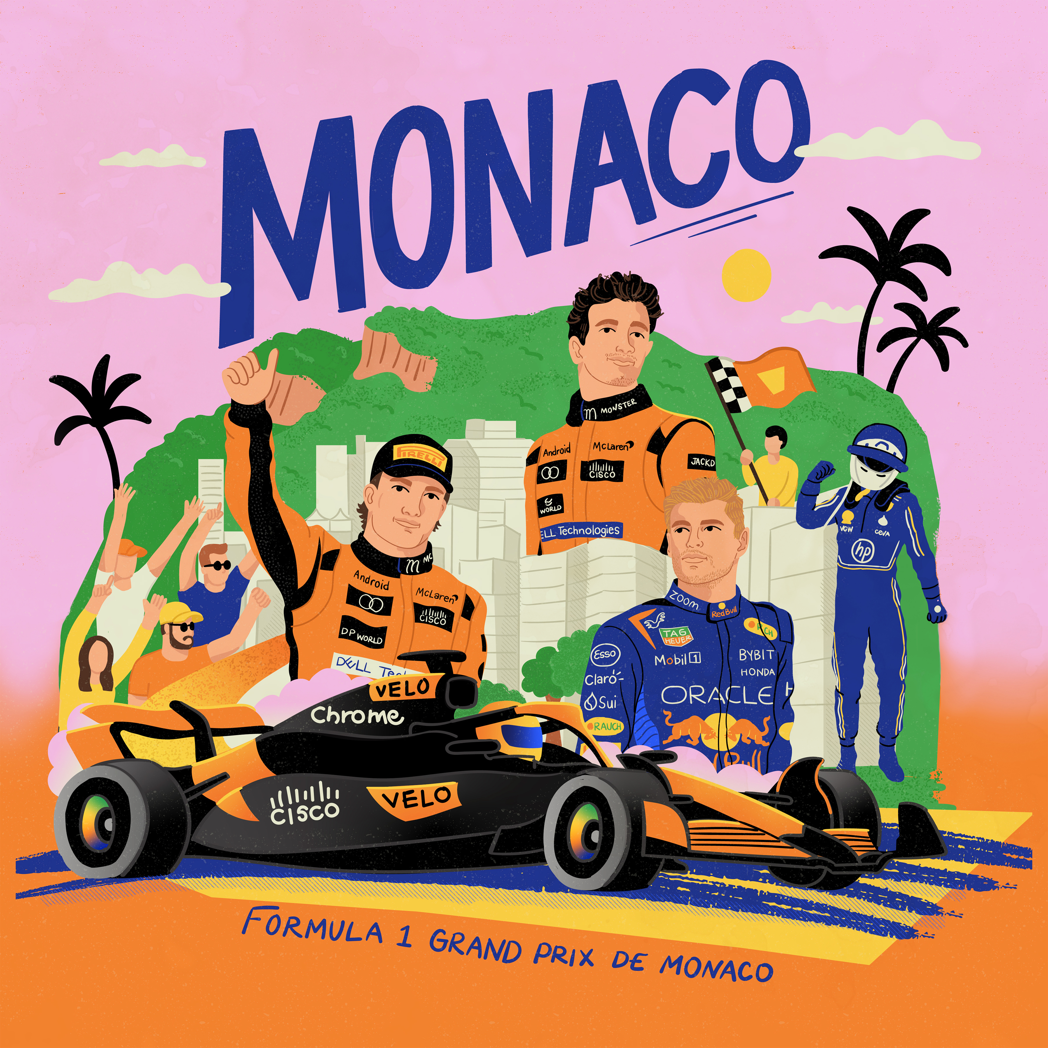 F1 Monaco Grand Prix illustration athlete bright car editorial f1 formula one france illustration lettering mclaren monaco mountains mural nature outdoors people racing sports