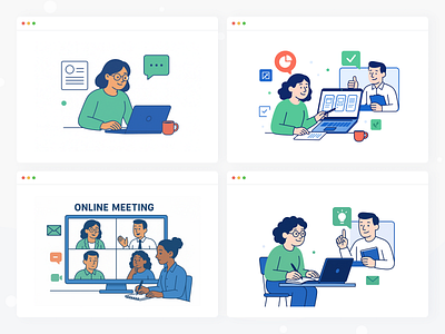 Online Conference Platform – Modular Illustration Concept #2 agenda audience call conference discussion event host invite join meeting moderator networking panel presentation schedule speaker stage talk video webinar