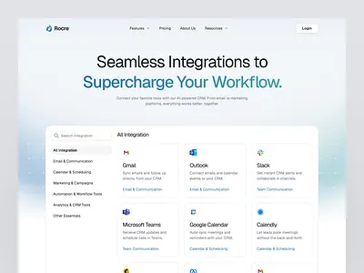 Rocre - Integration Page clean crm crm dashboard crm design dashboard design integration integration overview integration page integration page design integrations integrations design minimalist motion graphics rocre ui uidesign ux uxdesign uxerflow