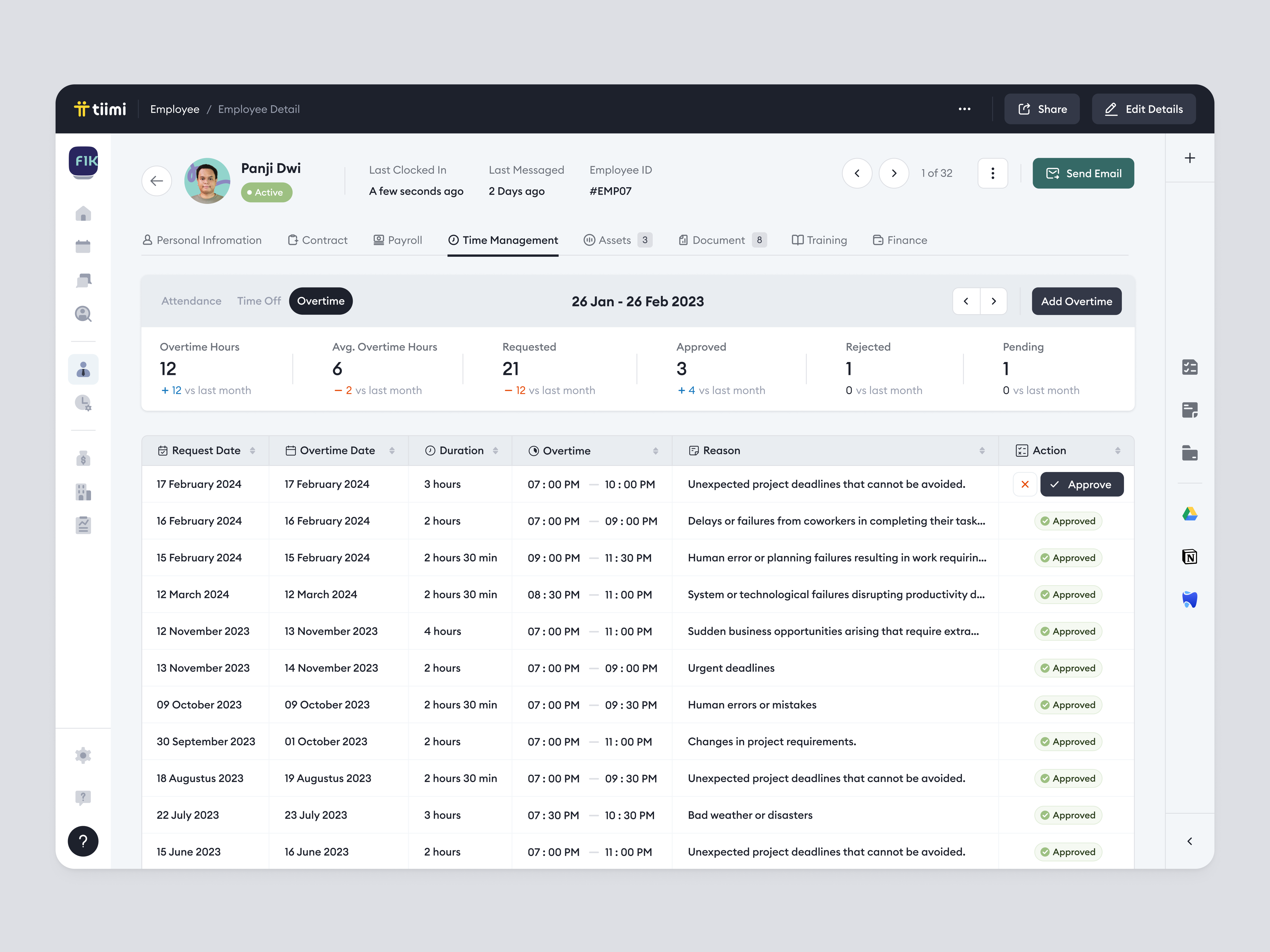 Tiimi - Approval Overtime Request for Employee in a SaaS HRM company dashboard employee hiring hr hr management hrd hrm hrm platform human resource product design saas saas design saas hrm time request ui uiux ux web app web design