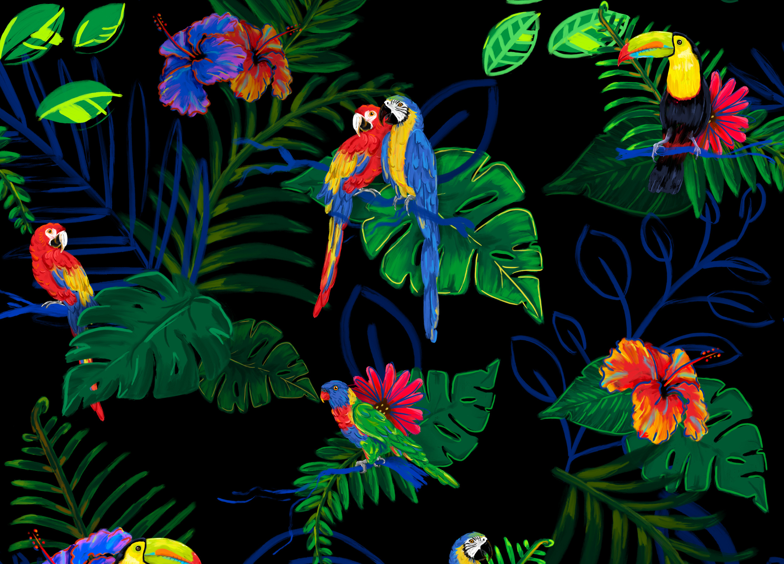 Two Tickets to Parrotise | Pattern Illustration drawing hand drawn illustration paint pattern pattern design seemless vector