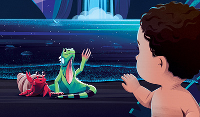 Saying goodbye animal baby book character children colorful crab fish friends iguana illustration lagoon meduse night sea texture waterfall