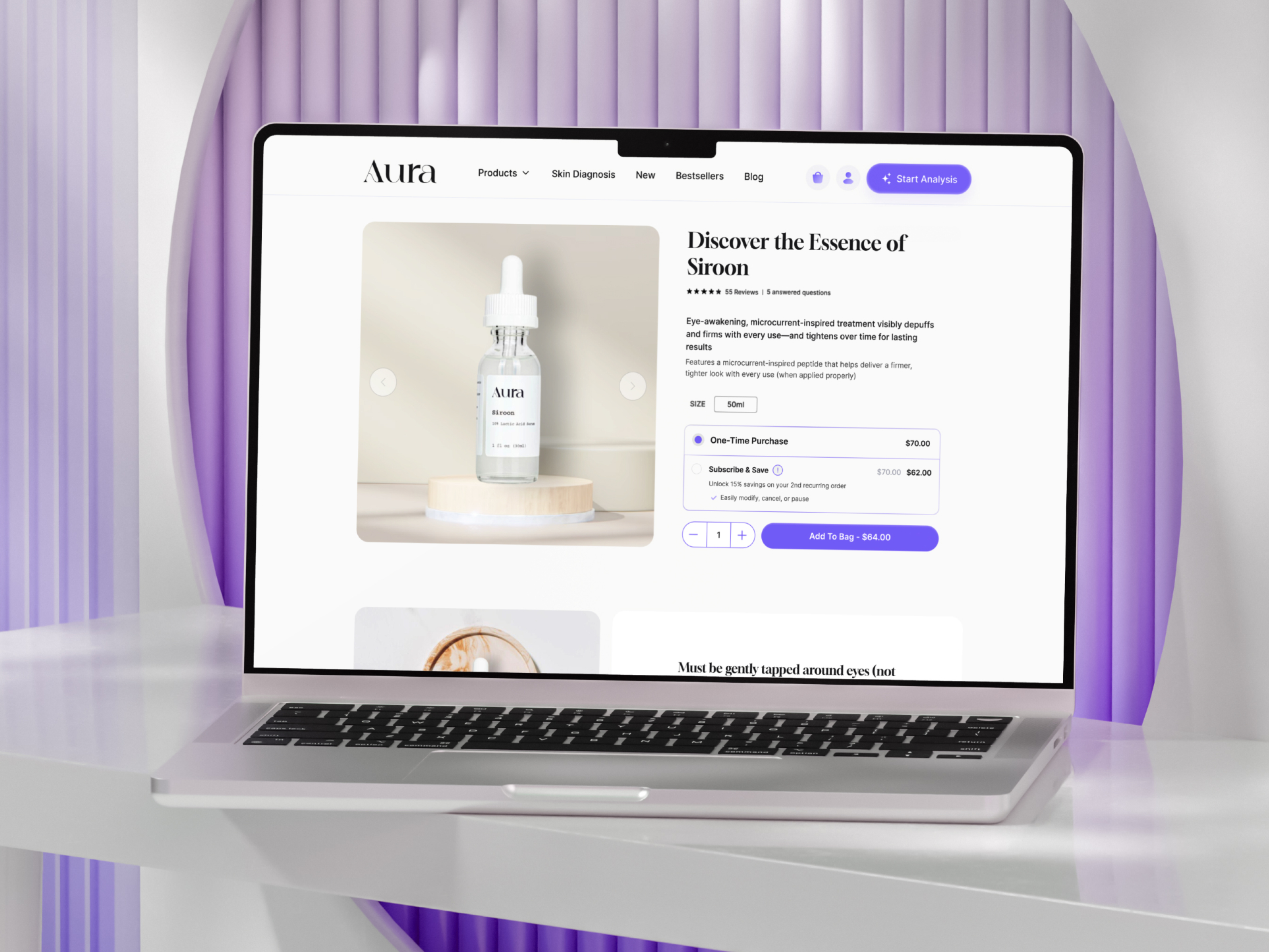 Aura Skincare: Product Page & AI Skin Diagnosis Experience ai ux beauty brand design beauty care ai e commerce design minimal design personalized ux product page skin care ui skin care website ui ui ux design ui ux inspiration uiux ux web design
