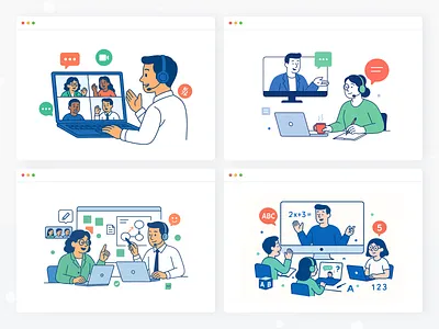 Online Conference Platform – Modular Illustration Concept #4 agenda audience call conference discussion event host invite join meeting moderator networking panel presentation schedule speaker stage talk video webinar