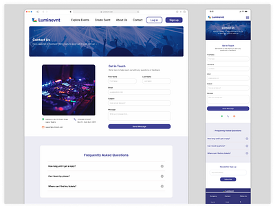 Luminevnt - Contact Page app contact page design interface landing page mobile product design ui web website