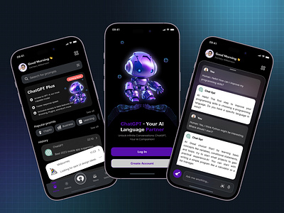 AI Chat Assistant App UI – Dark Mode Experience app design branding design graphic design ios app development logo mobile app mobile app development company