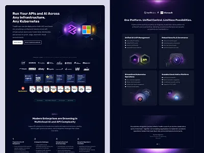 Traefik x Microsoft Landing Page accolades bento branding dark theme design features glows graphics grid hero landing marketing microsoft page traefik ui web website