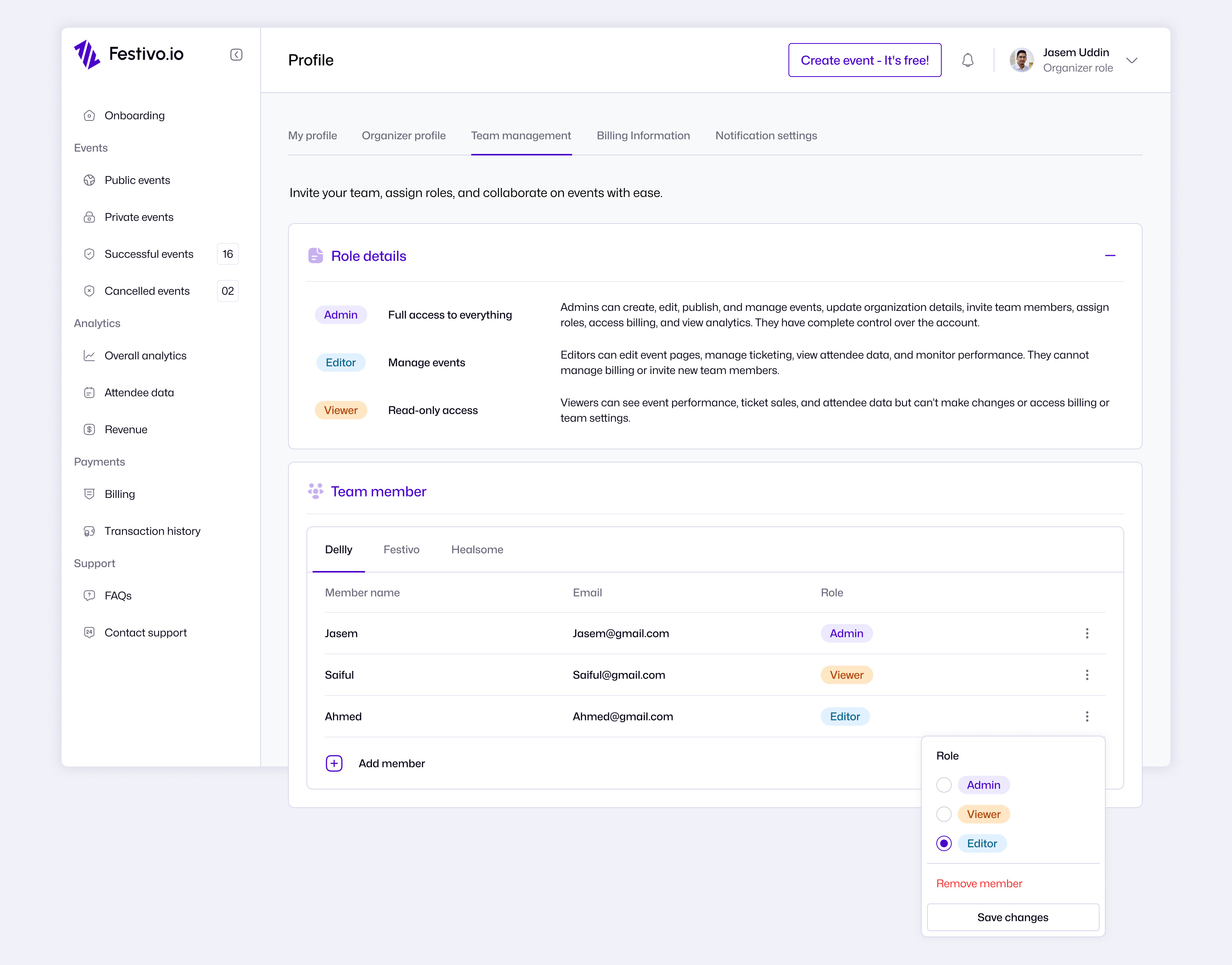 Team Management Page UI for event management platform Festiov.io clean ui dashboard graphic design navbar product design saas product sidebar team ui ui ux user interface ux website website dashboard website design