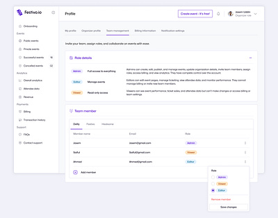 Team Management Page UI for event management platform Festiov.io clean ui dashboard graphic design navbar product design saas product sidebar team ui ui ux user interface ux website website dashboard website design