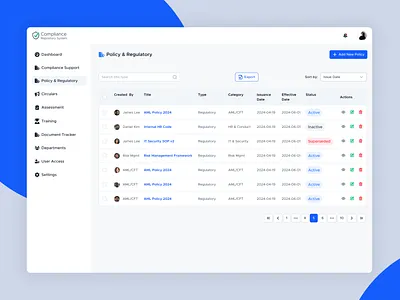 Policy Management Dashboard – Compliance Repository System (CRS) crs dashboard home page design landing page policy management dashboard ui