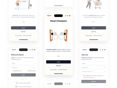 Dodol E-commerce - Login Register Screen airbnb authenticationflow buy cart ecommerce login minimaldesign minimalism modern orange productdesign register shopify simpleui splashscreen ui uidesign uiux uiuxmobileapp