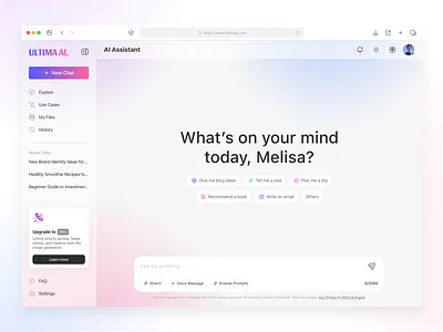 Ultima AI Dashboard | Your Smart Chat Partner ai assistant branding chatai dashboard design futurereadyux minimalis dashboard nextgenai productivitytools smartdashboard ui uiux user experience user iterface ux voice chat