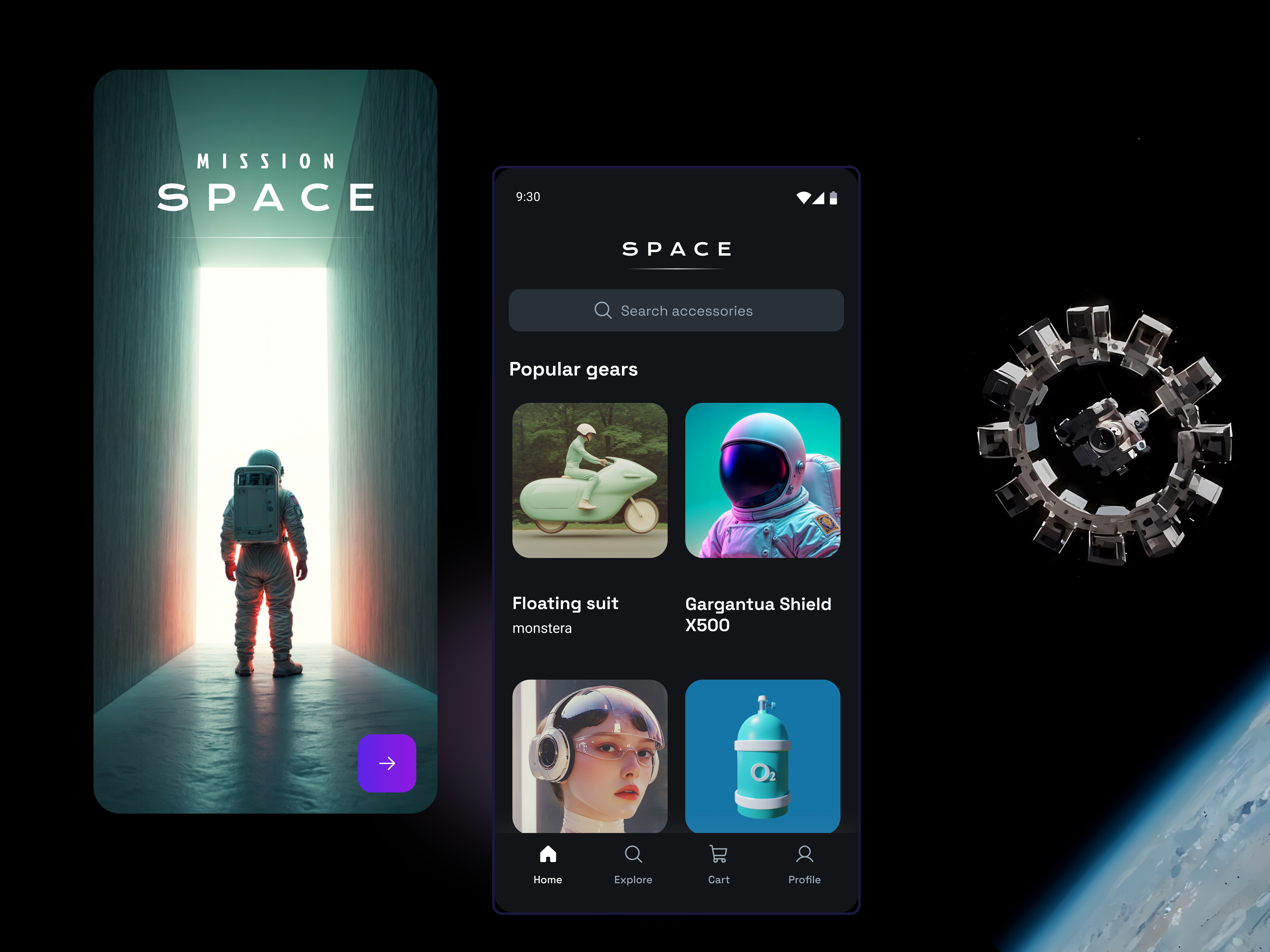 Futuristic ecommerce App concept : Sci-fi Interface android app astronaut catalogs cosmic dark mode earth ecommerce futuristic india interstellar isro market movie nasa planet sci fi space