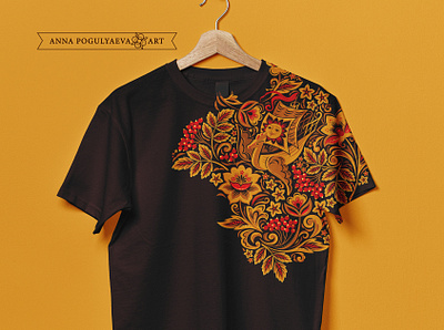 Floral folk print for apparel in Khokhloma style annapogulyaeva annapogulyaeva art design fabric floral pattern flower fly ship folk gold graphic design hohloma illustration khokhloma ornament red berries rowan russian textile design