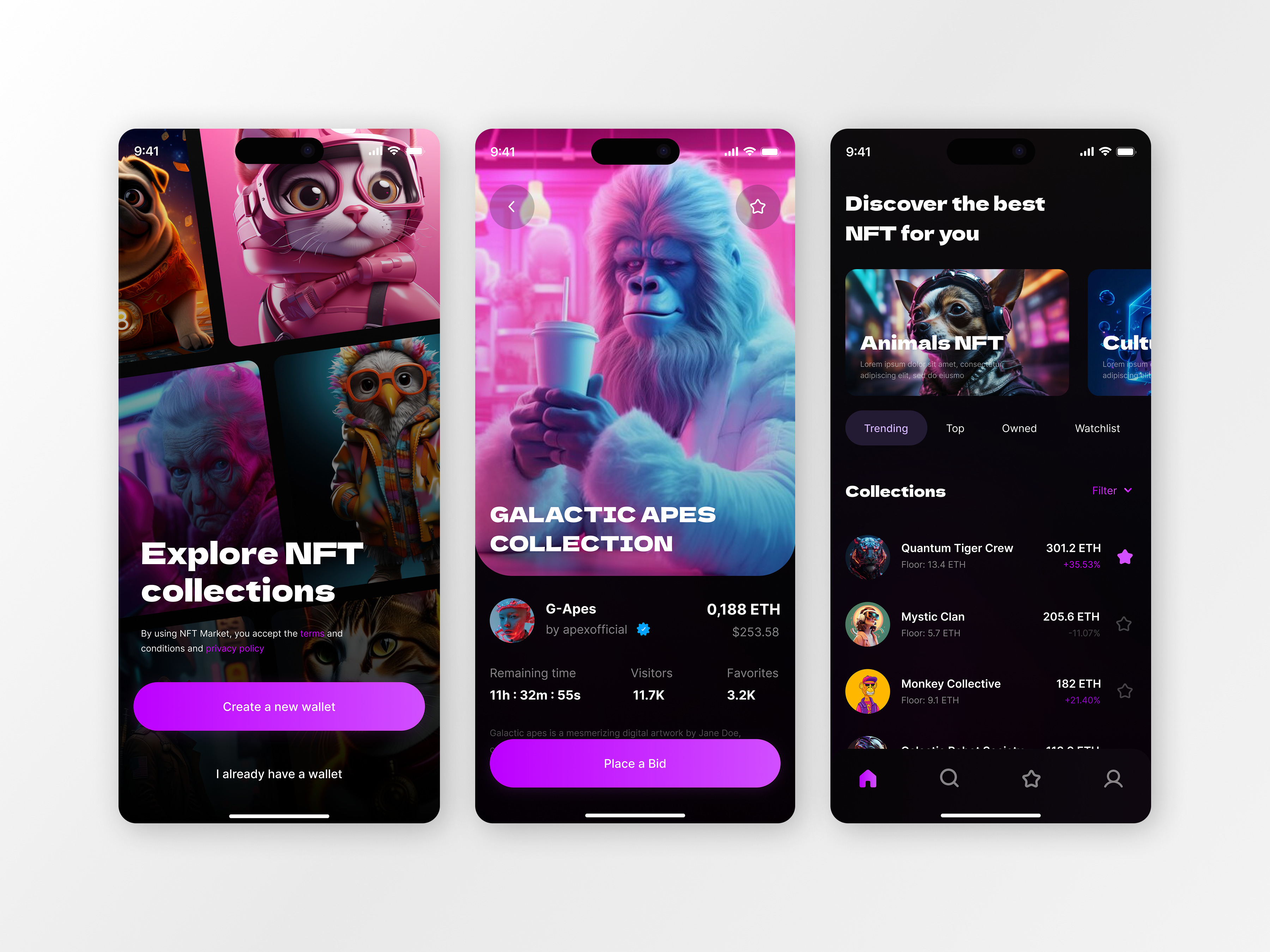 NFT Marketplace App — Bold UI for Web3 Collections app bitcoin crypto darkmode defi finance fintech futuristic marketplace modern nft opensea solana tokens ui ux wallet web3