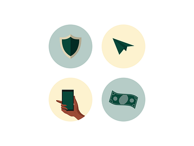 Mobile Money UI Assets airplane fintech fintech illustrations gold green illustration light green minimalistic mobile money money onboarding phone security shield uidesign uxdesign wave yellow