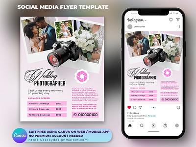 Wedding Photographer Flyer Template | Editable in Canva flyer flyer template flyertemplate freelancedesigner graphic design graphicdesigner marketing photographer social media flyer wedding flyer