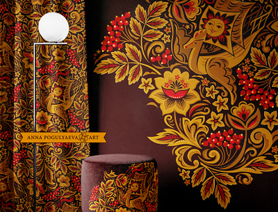 Floral folk print for fabric and apparel in Khokhloma style annapogulyaeva annapogulyaeva art design fabric floral pattern flower fly ship folk gold graphic design hohloma illustration khokhloma ornament red berries rowan russian textile design