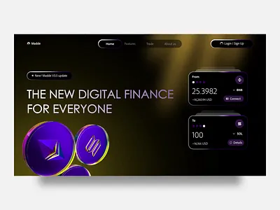 DeFi Crypto Wallet Web Header Design above the fold animation blockchain coin crypto dark decentralized defi hero section iridescence iridescent light ray motion graphics token wallet web design web3