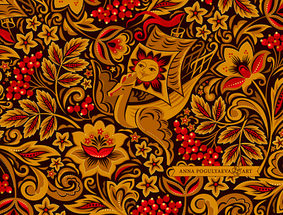 Floral folk print for fabric and apparel in Khokhloma style annapogulyaeva annapogulyaeva art design fabric floral pattern flower fly ship folk gold graphic design hohloma illustration khokhloma ornament red berries rowan russian textile textile design tracery