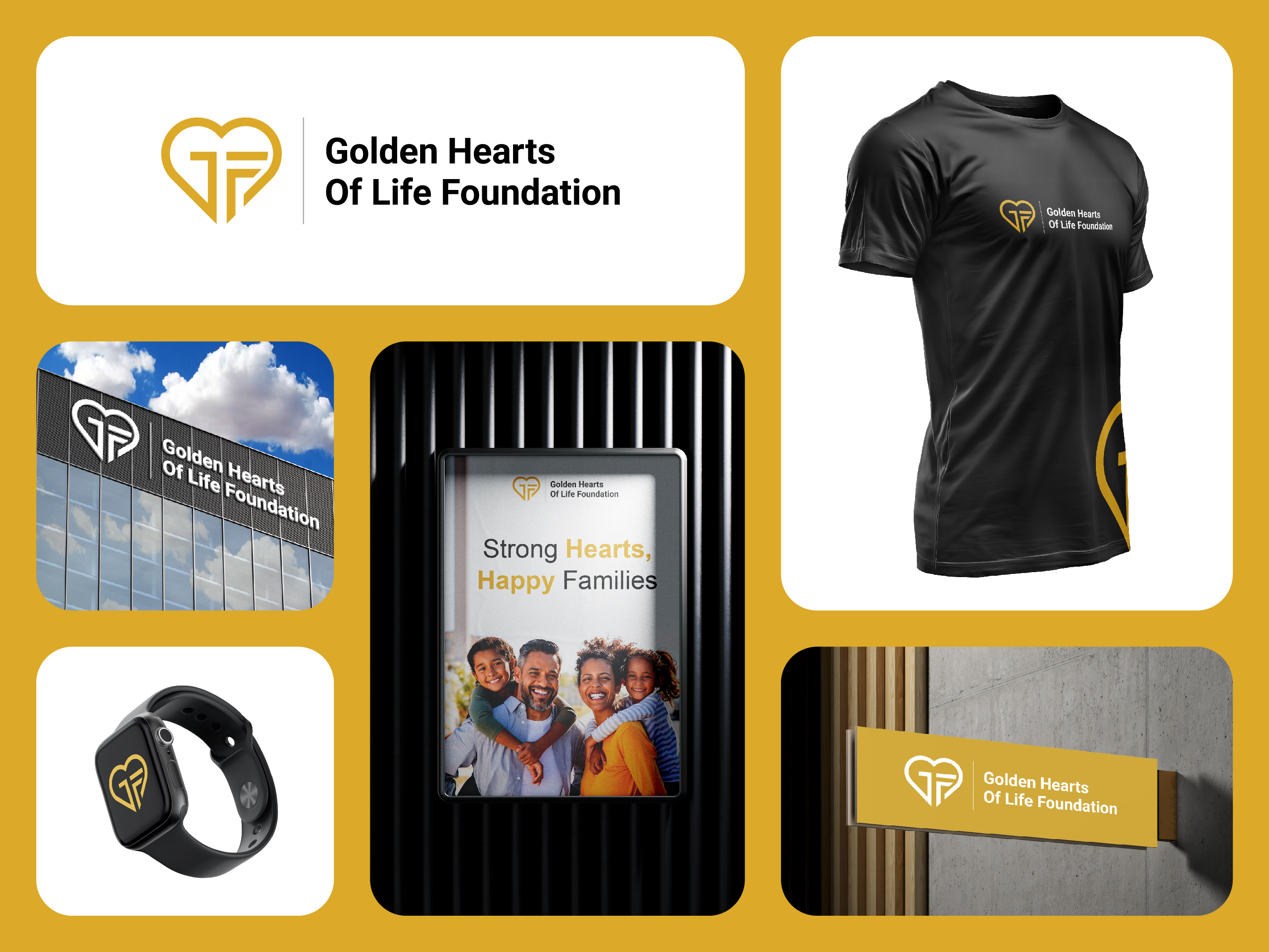 Golden Hearts Of Life Foundation Brand Identity Design! brandidentity branding carebranding charitybranding cleanbranding dribbblebranding foundationbranding ghlogo goldenyellow healthcarebranding identitydesign logodesign logoinspiration minimalistlogo monogramlogo nonprofitbranding nonprofitdesign purposefuldesign socialimpactdesign visualidentity