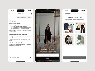 Aurendi — Mobile Fashion App: Discover, Swipe & Save app app design branding design fashion fashion app inspo minimal design modern design product design stylish app stylish ui ui ui inspo user friendly user oriented