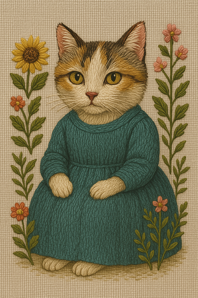 Embroidery with a cat in a dress cat embroidery illustration
